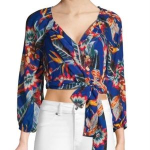 Red Carter Tropical Blue Floral Wrap Cropped Blouse Top Small